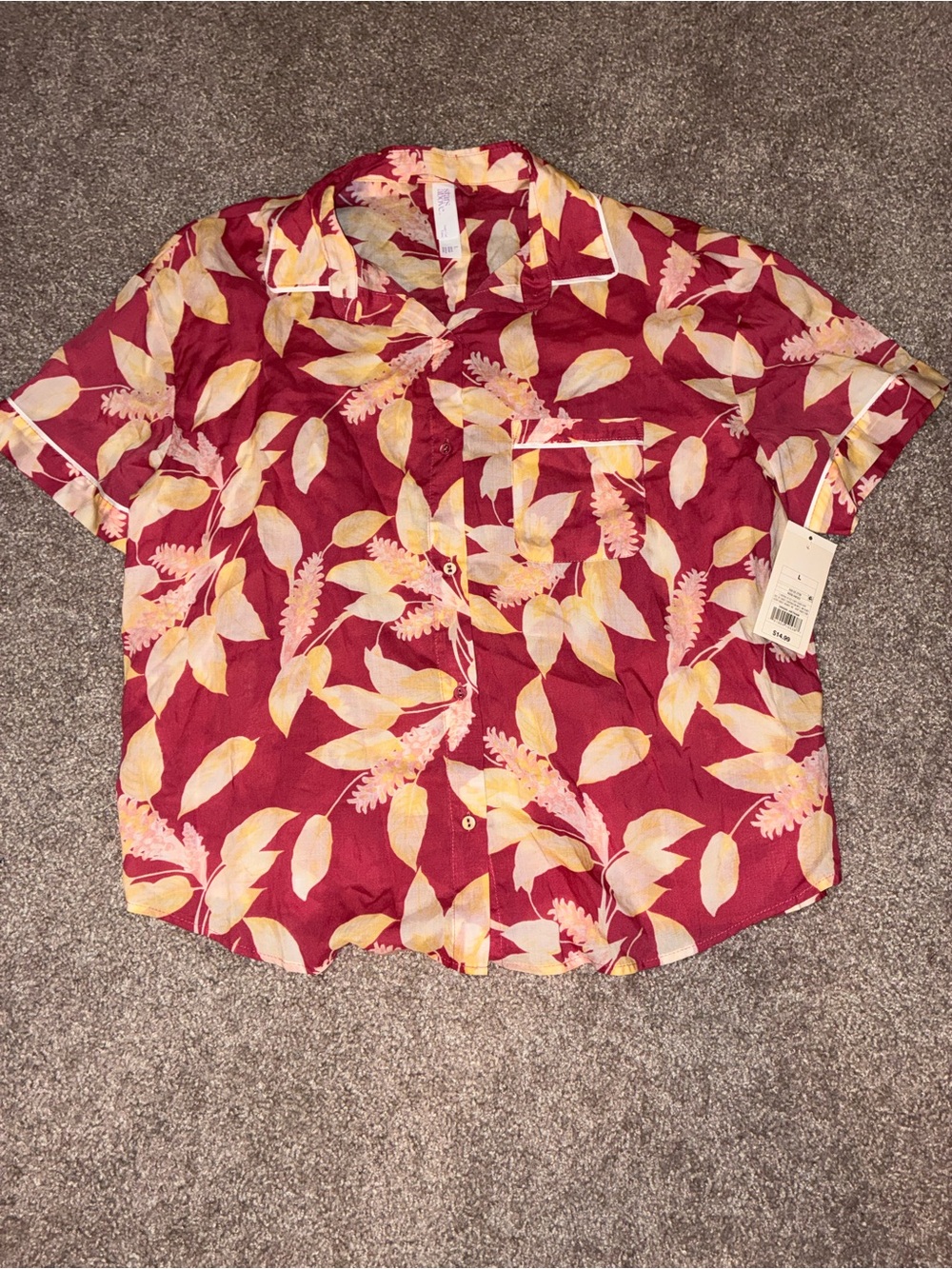 Target Burgundy Short-Sleeve Button-Down with Cream & Pale Yellow Leaf Pattern